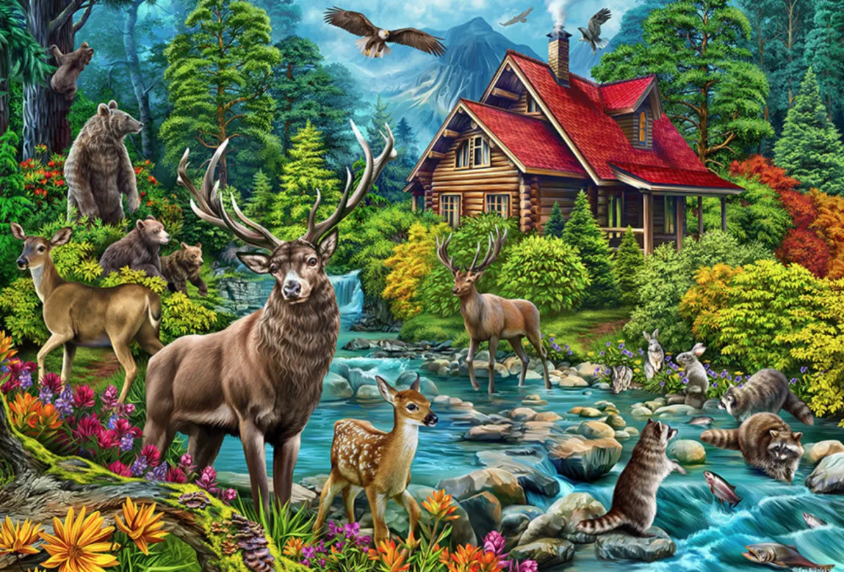 Cobble Hill Dieren|2000 En Meer<Blokhut met rood dak - puzzel van 2000 stukjes