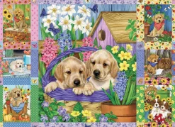 Cobble Hill Dieren|Tekening<Quilt met bloesems en puppies - puzzel van 1000 stukjes