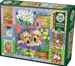Cobble Hill Dieren|Tekening<Quilt met bloesems en puppies - puzzel van 1000 stukjes