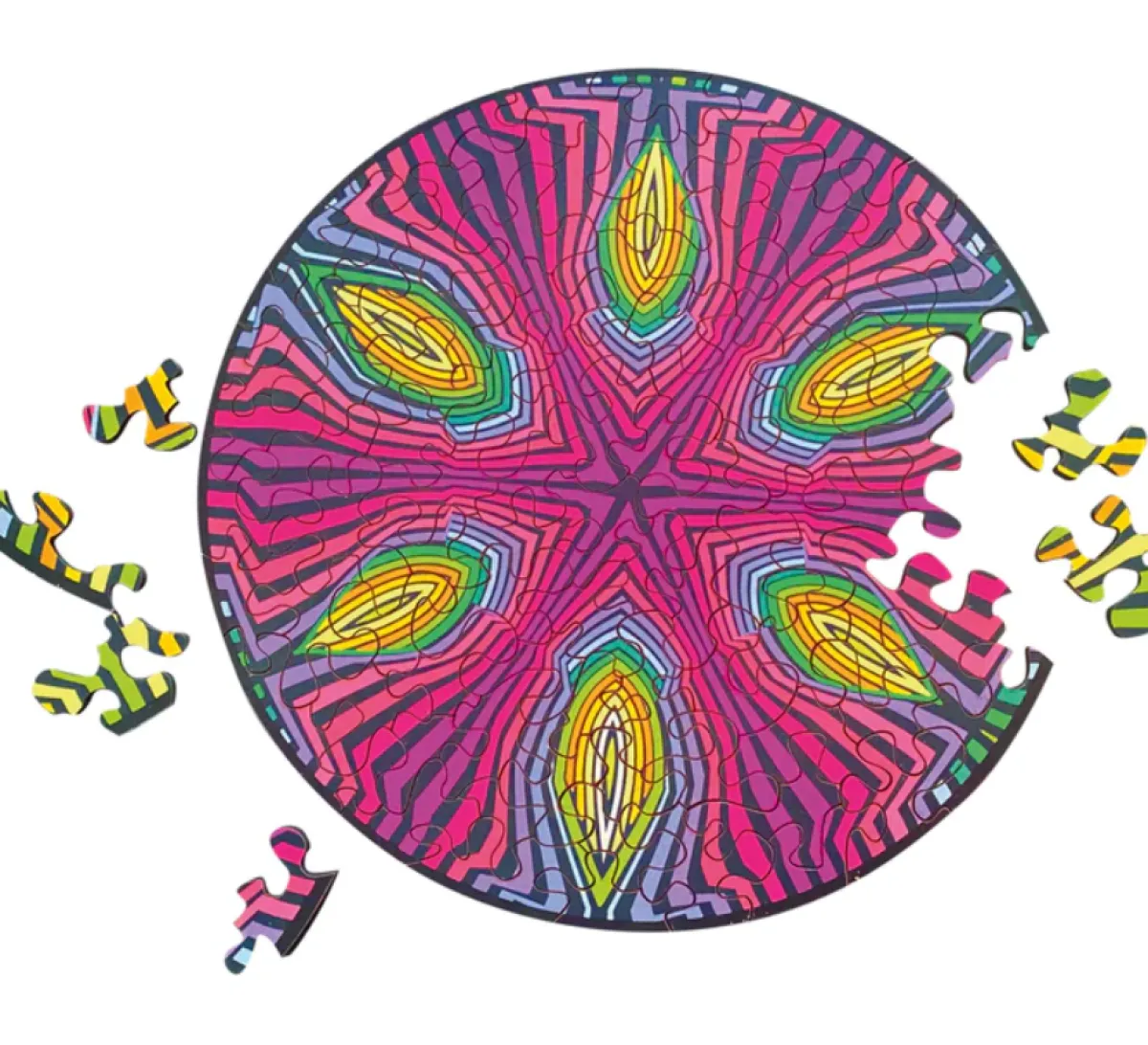 Curiosi Dubbelzijdige Puzzel|Speciale Vorm<Hippie - Dubbelzijdige Ronde puzzel in hout - 88 stukjes