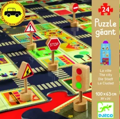 Kinderen Djeco Puzzel + Extra Item|Vloerpuzzels<Bouw zelf je stad - puzzel van 24 stukjes en 5 verkeersborden
