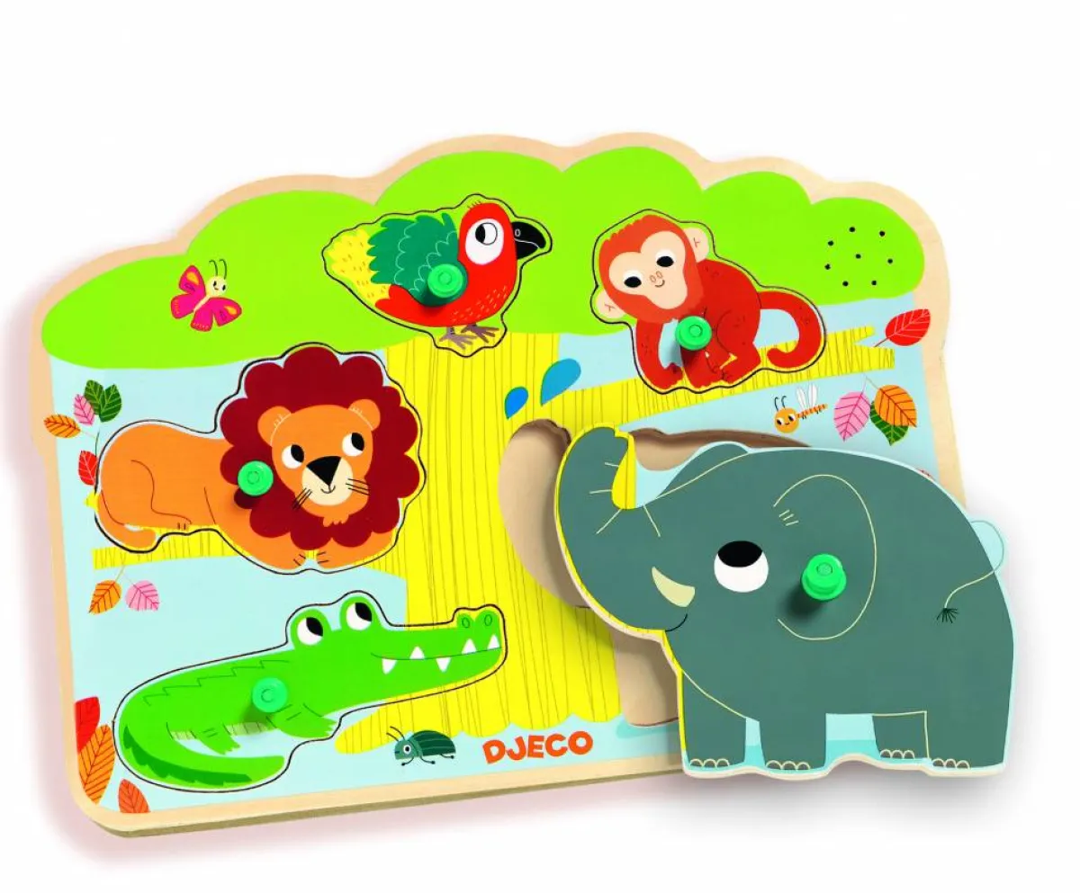 Kinderen Djeco Puzzel + Extra Item|Speciale Vorm<Geluidenpuzzel - de Zoo - 5 stukjes