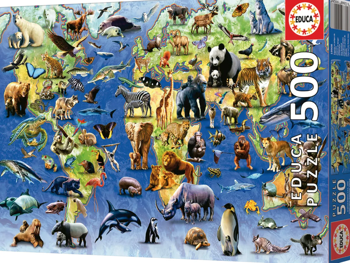 Kinderen Educa Dieren|Astrologie & Wereldkaarten<100 Bedreigde Diersoorten - legpuzzel van 500 stukjes