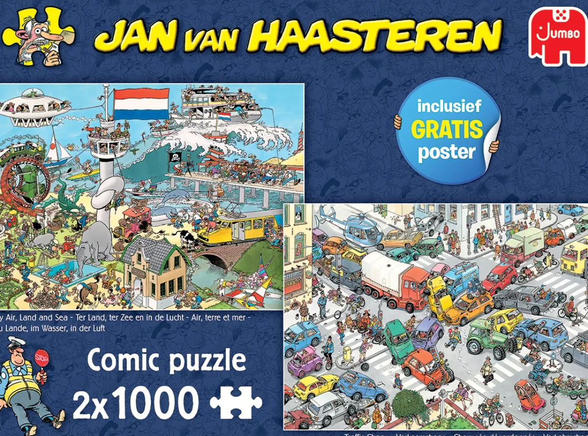 Jumbo Tekening|1000-1499<Ter Land, ter Zee en in de Lucht / Verkeerschaos- JvH - 2 puzzels van 1000 stukjes