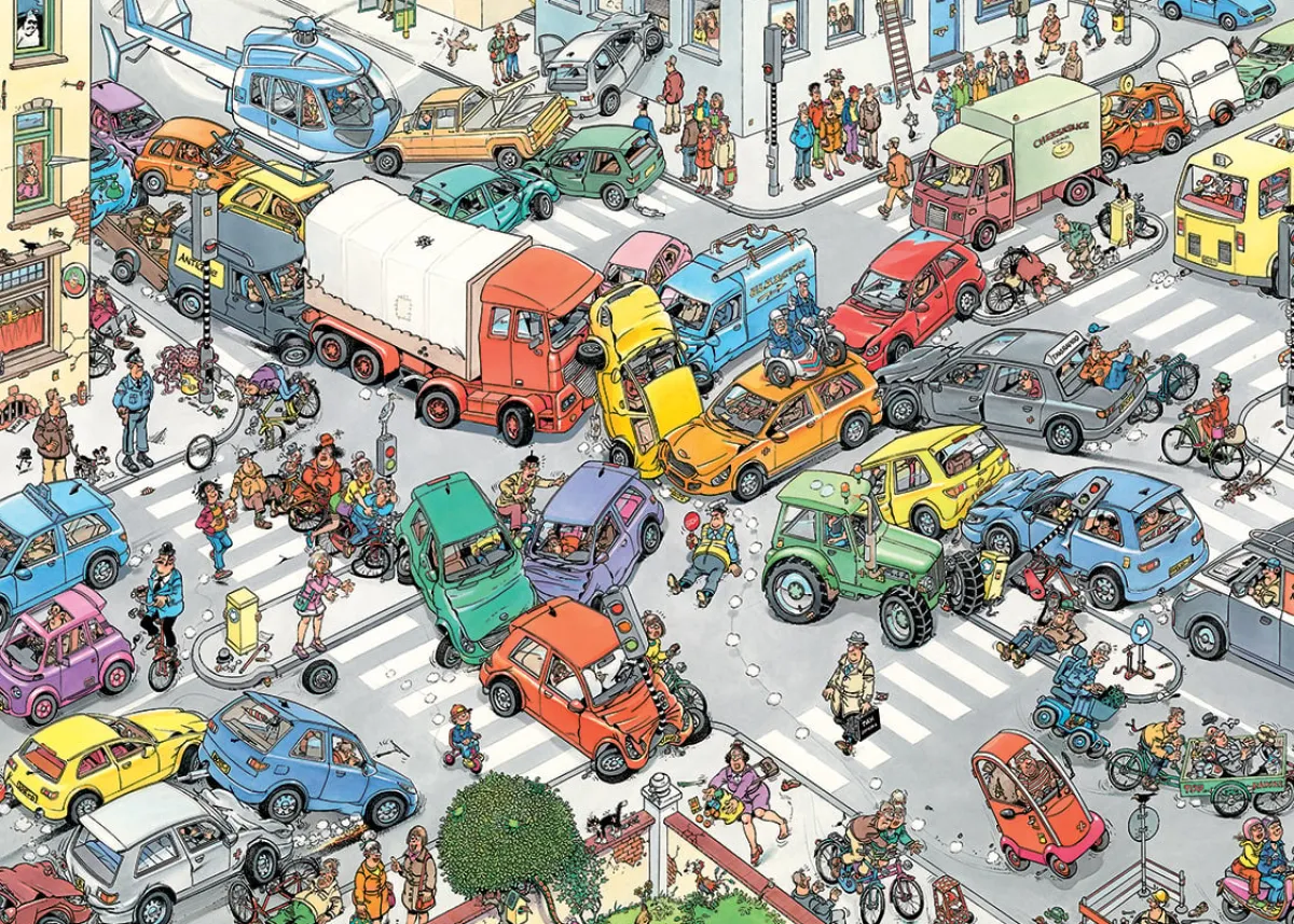 Jumbo Tekening|1000-1499<Ter Land, ter Zee en in de Lucht / Verkeerschaos- JvH - 2 puzzels van 1000 stukjes