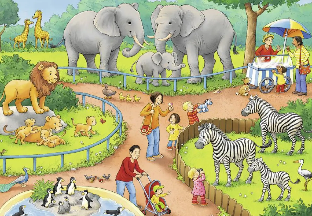 Kinderen Ravensburger Dieren|Legpuzzels<Een dag in de dierentuin - 2 puzzels van 24 stukjes