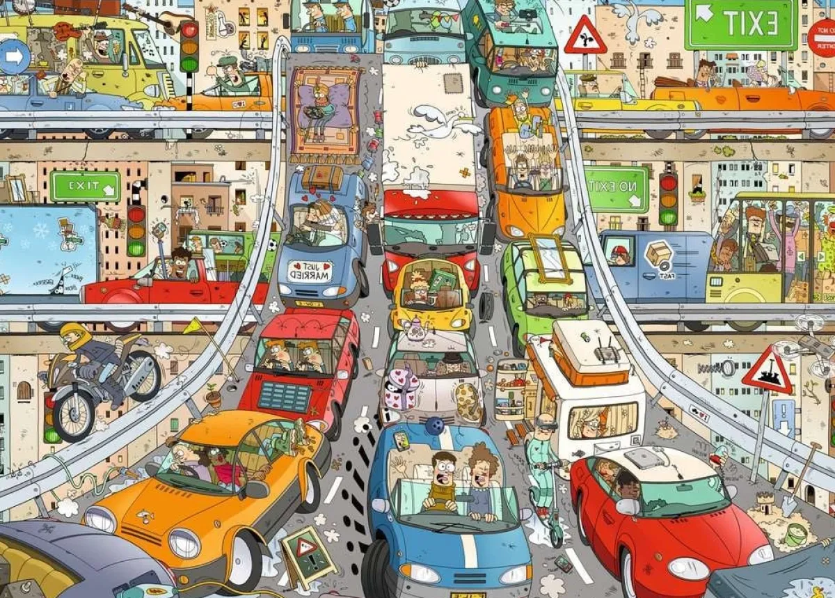 Ravensburger Tekening|1000-1499<Verkeerschaos - Rearview Mirror - puzzel van 1000 stukjes