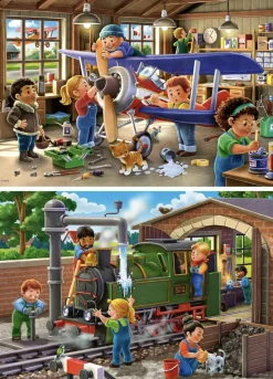 Kinderen Ravensburger Tekening|Dieren<Vliegtuig- & treinreparatie - 2 puzzels van 24 stukjes